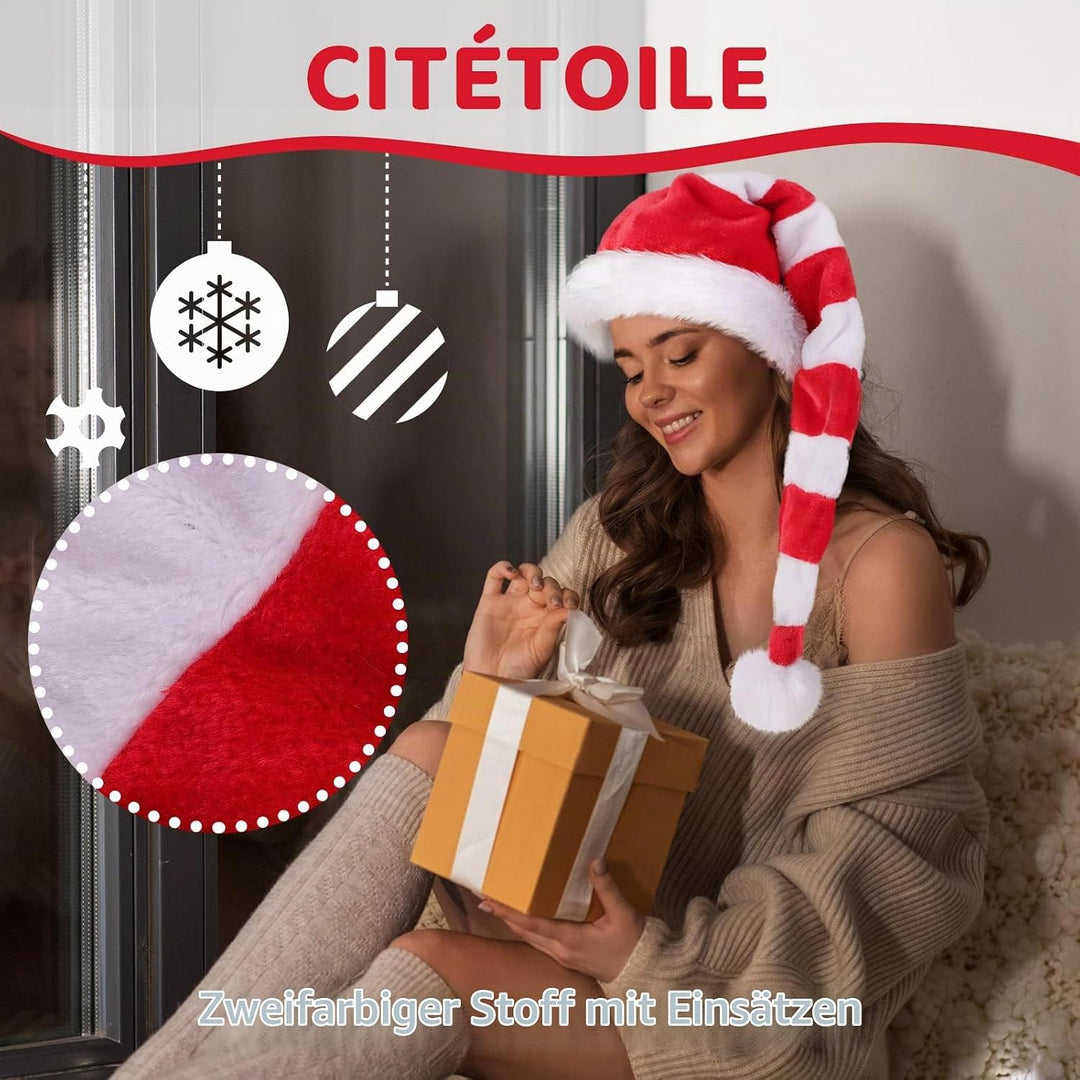 Weihnachtsmütze Verlängerte Erwachsene mit Streifen,Plüsch Weihnachtsmütze für Herren und Damen, San