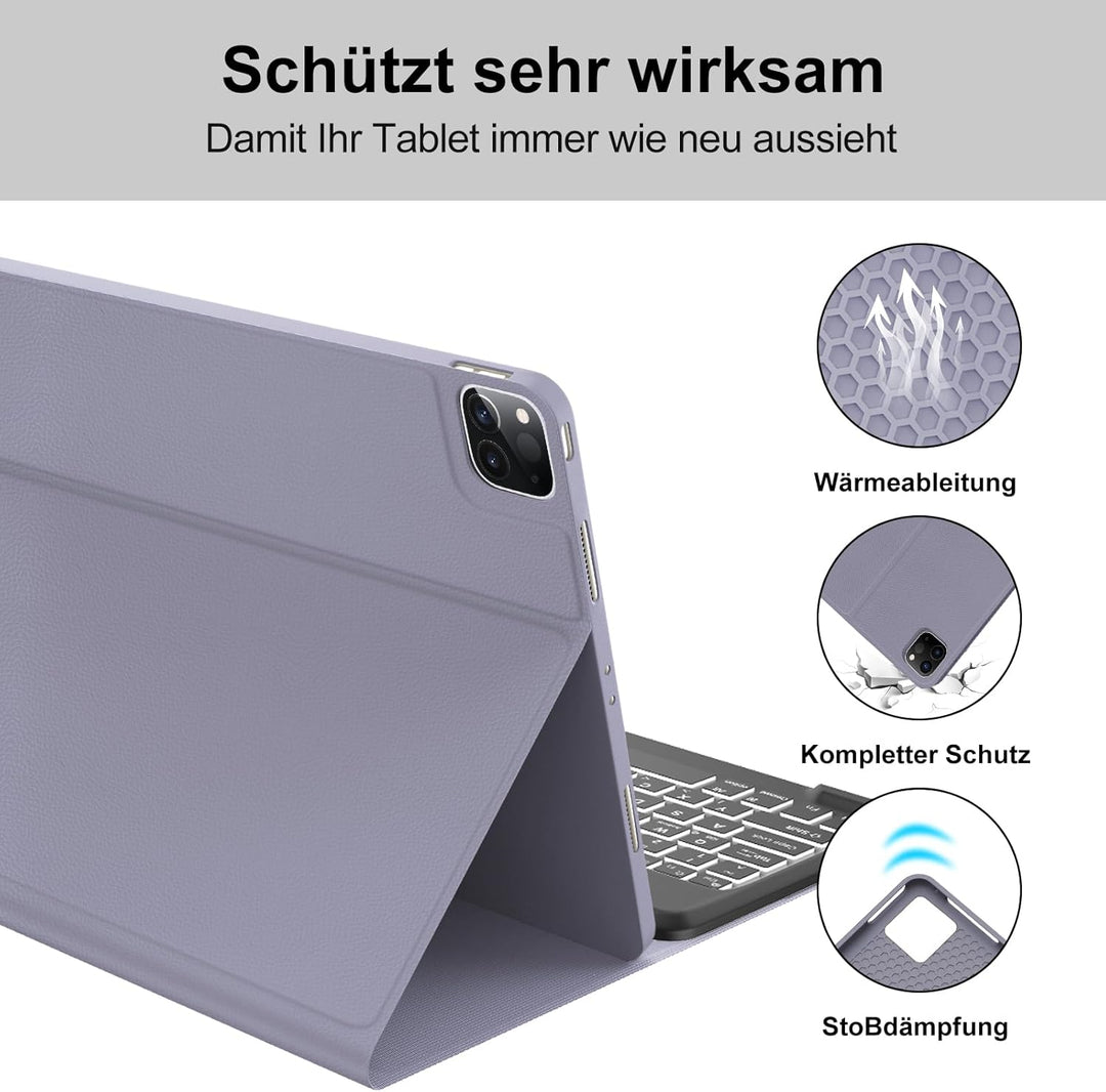 Für iPad Pro 12,9" Hülle mit 7-Farben Beleuchtung Tastatur (2018-2022) – QWERTZ Bluetooth Tastatur,