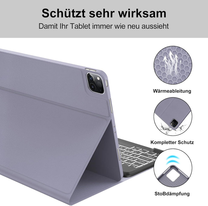 Für iPad Pro 12,9" Hülle mit 7-Farben Beleuchtung Tastatur (2018-2022) – QWERTZ Bluetooth Tastatur,