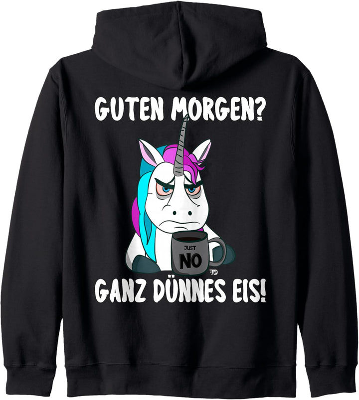 Ganz dünnes Eis. Mürrisches lustiges Einhorn mit Kaffeetasse Kapuzenjacke