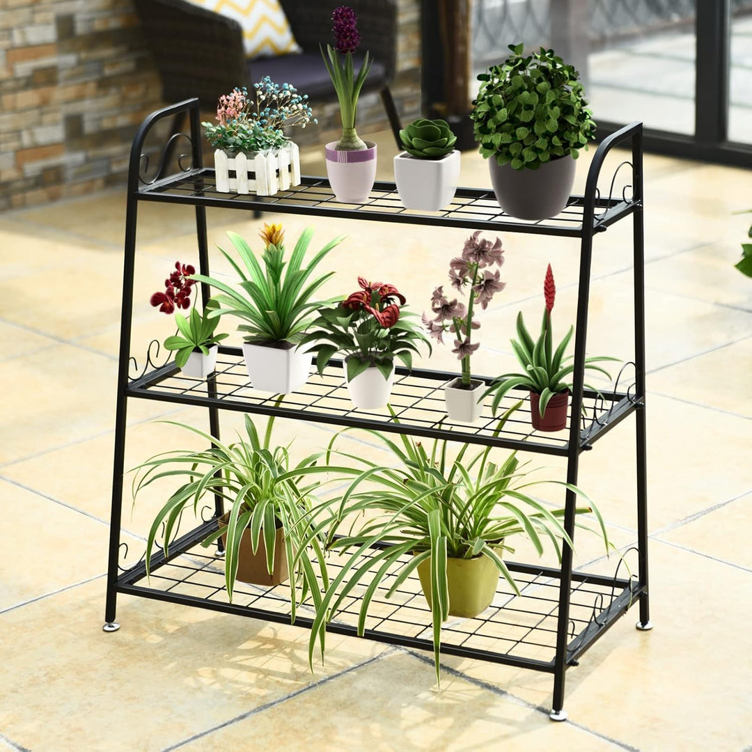 GOPLUS 3 Ebenen Metall Pflanzenständer, Blumentreppe Outdoor, Blumenregal Pflanzentreppe für Garten
