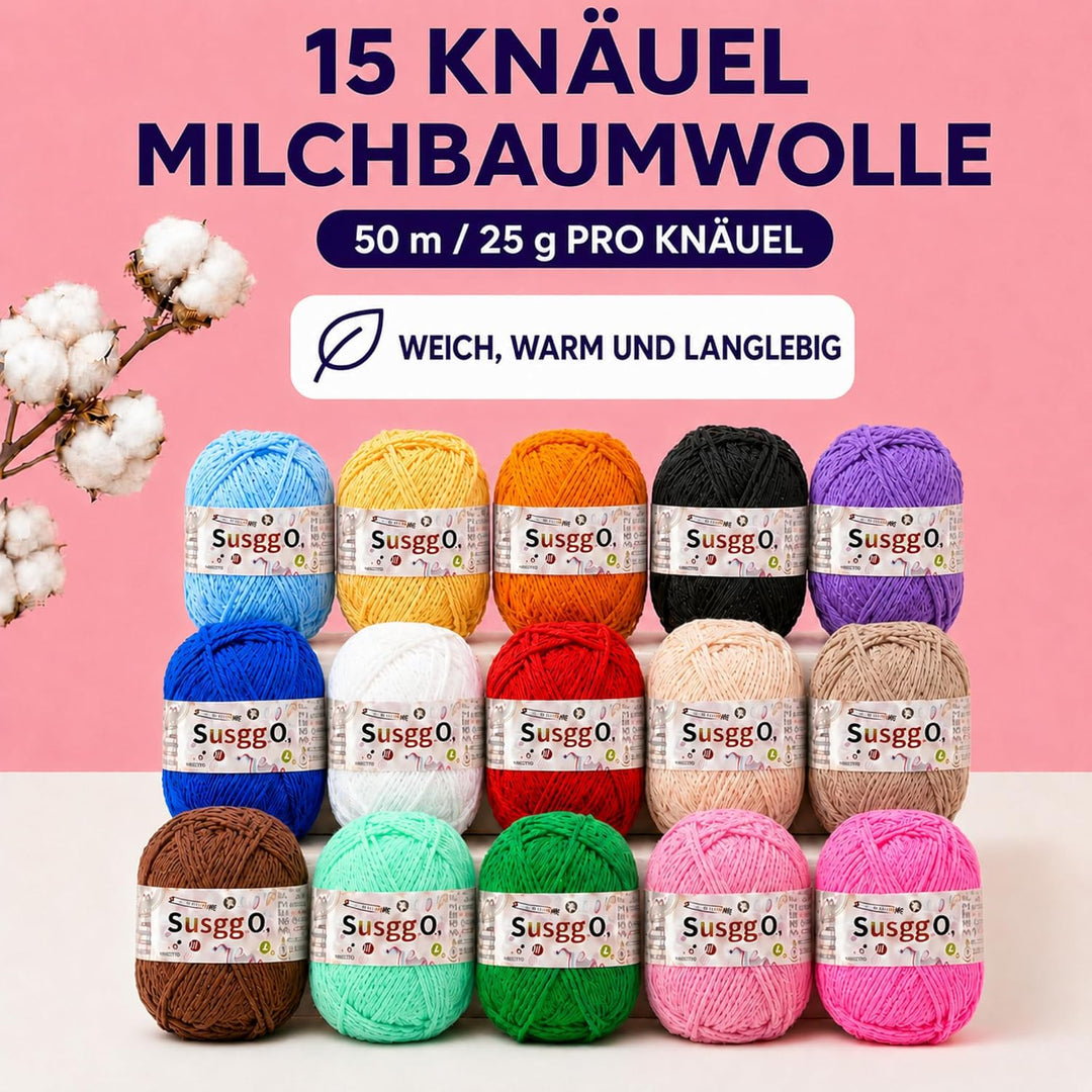 SusggO Häkel-Set Komplettes mit 73 Teilen. Amigurumi-Häkel-Set für Anfänger mit Zubehör, 15 Knäuel M
