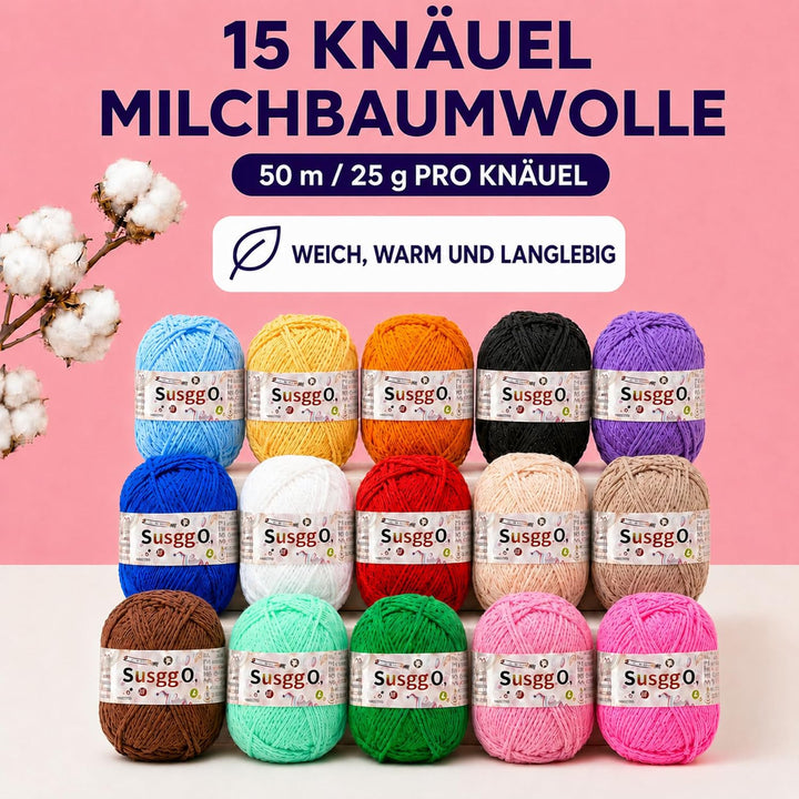 SusggO Häkel-Set Komplettes mit 73 Teilen. Amigurumi-Häkel-Set für Anfänger mit Zubehör, 15 Knäuel M