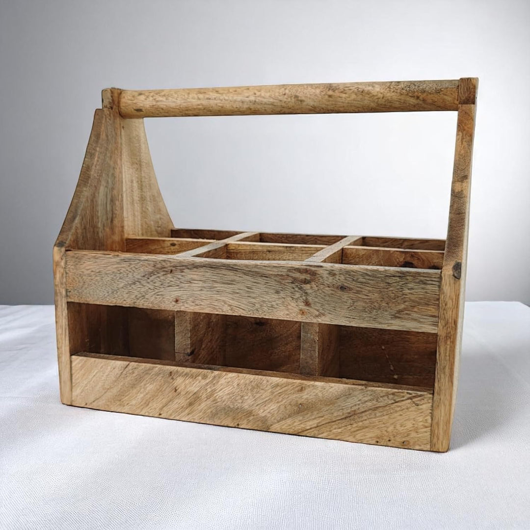 DARO DEKO Holz Flaschenhalter mit Griff für 6 Flaschen 20 x 30cm Flaschen-Träger Männerhandtasche Bi