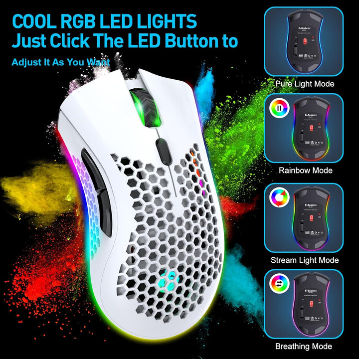 Bluetooth Gaming Maus, Light Honeycomb Maus mit RGB Hintergrundbeleuchtung, einstellbare DPI, Blueto