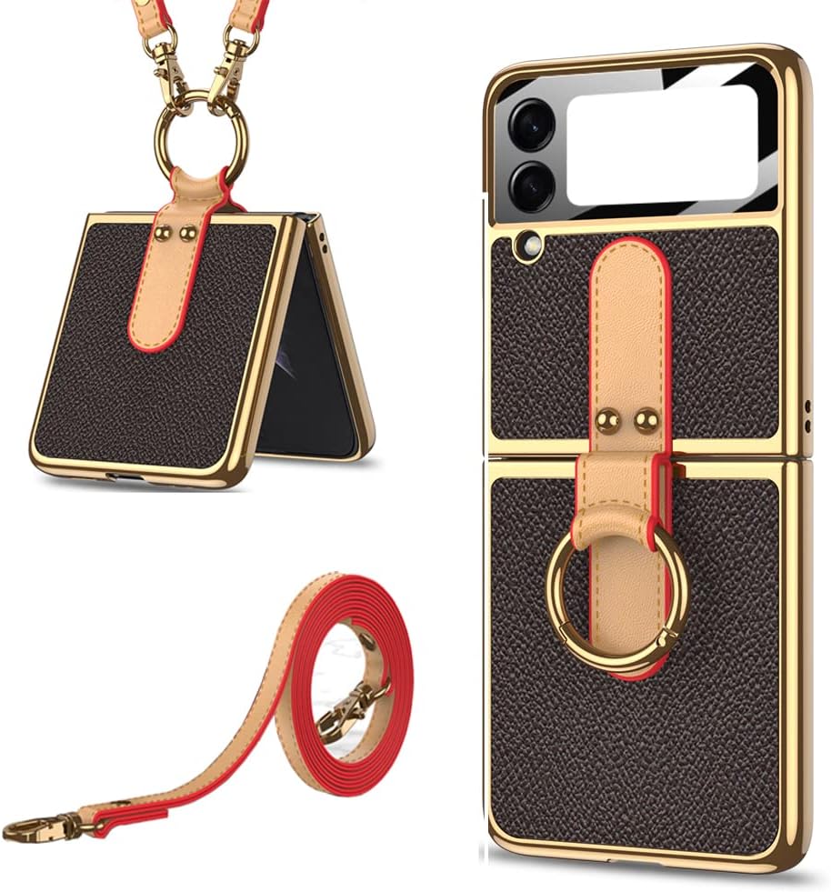 CeeEee Galaxy Z Flip 4 5g Leder Hülle mit Ring und Kleine Bildschirmschutz Schutzhülle Abnehmbarer U