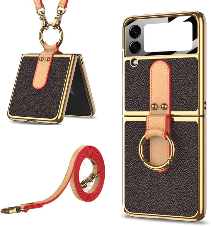 CeeEee Galaxy Z Flip 4 5g Leder Hülle mit Ring und Kleine Bildschirmschutz Schutzhülle Abnehmbarer U