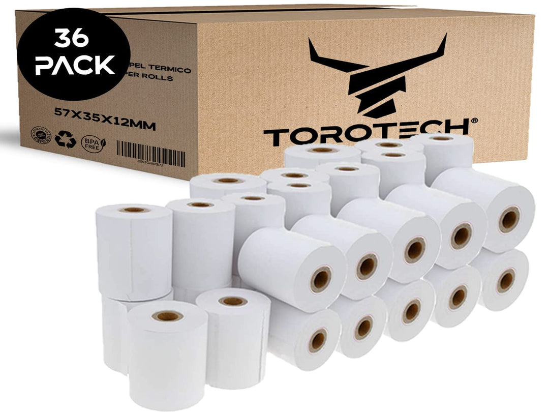 TOROTECH Bonrollen 57x35x12 mm - 36 Rollen - Thermopapier Thermorrollen weiss, ohne Rückseitendruck