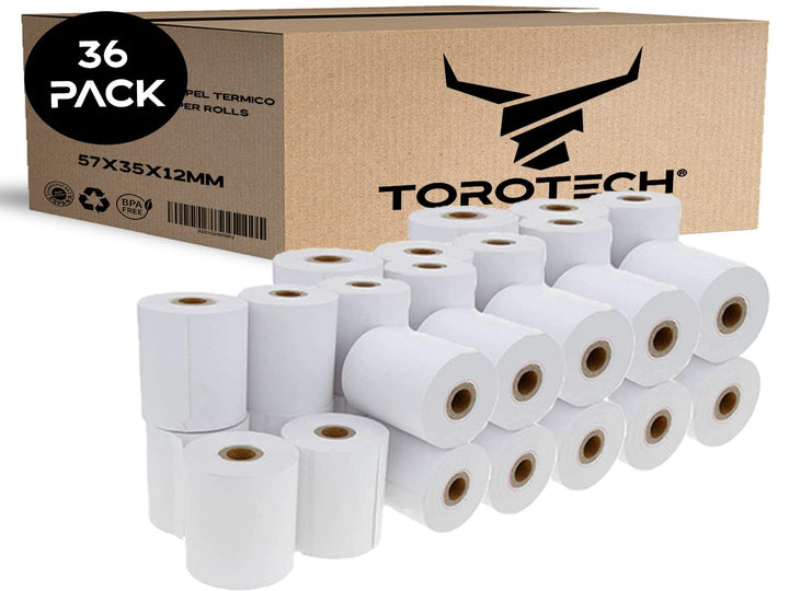 TOROTECH Bonrollen 57x35x12 mm - 36 Rollen - Thermopapier Thermorrollen weiss, ohne Rückseitendruck