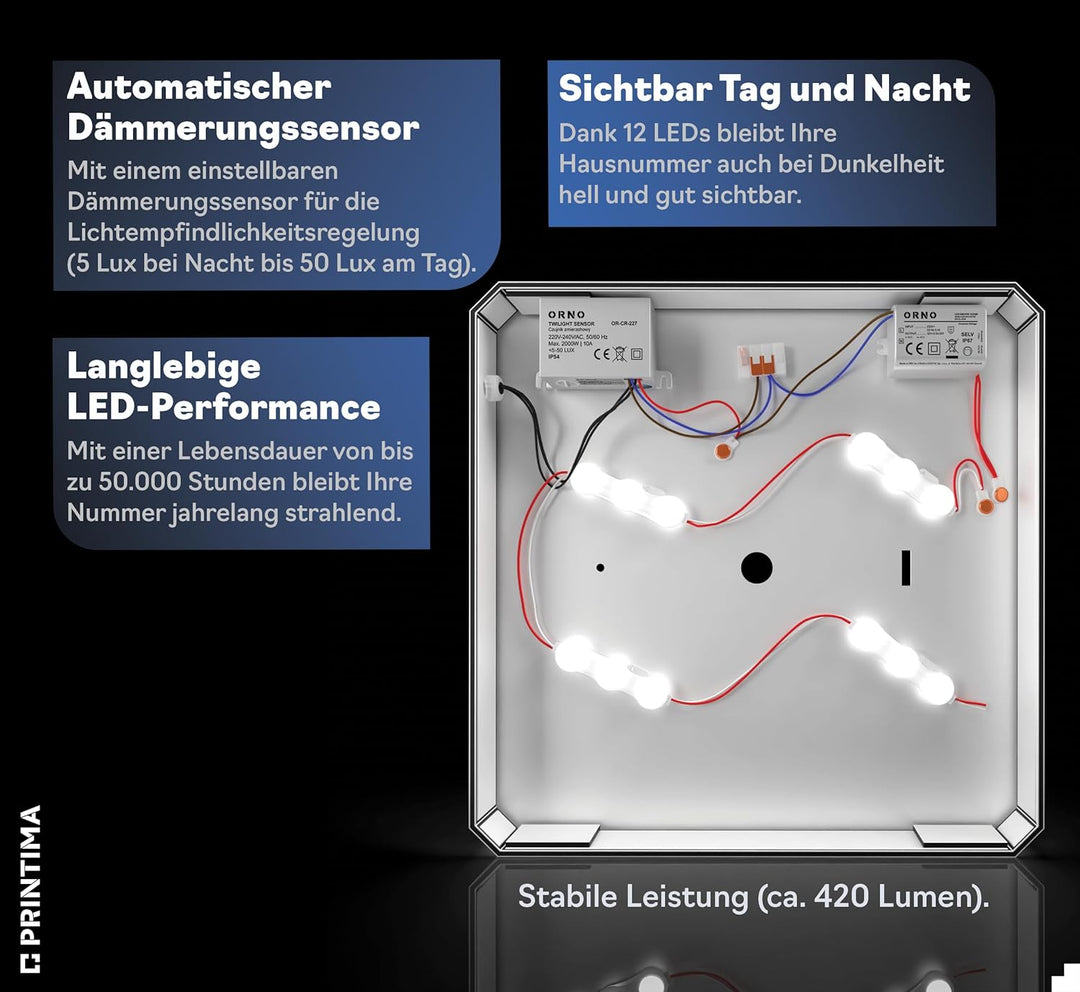 30x30cm Personalisieren Sie Ihre Modern Hausnummer Beleuchtet LED, 230V mit Dämmerungssensor, Hausnu