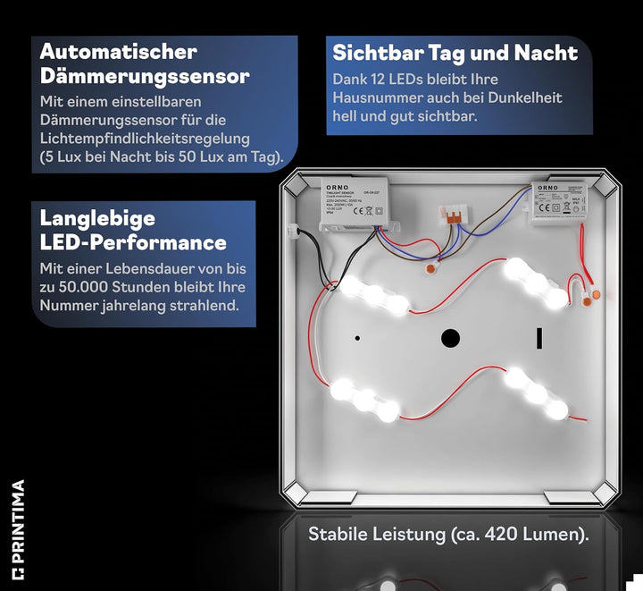 30x30cm Personalisieren Sie Ihre Modern Hausnummer Beleuchtet LED, 230V mit Dämmerungssensor, Hausnu