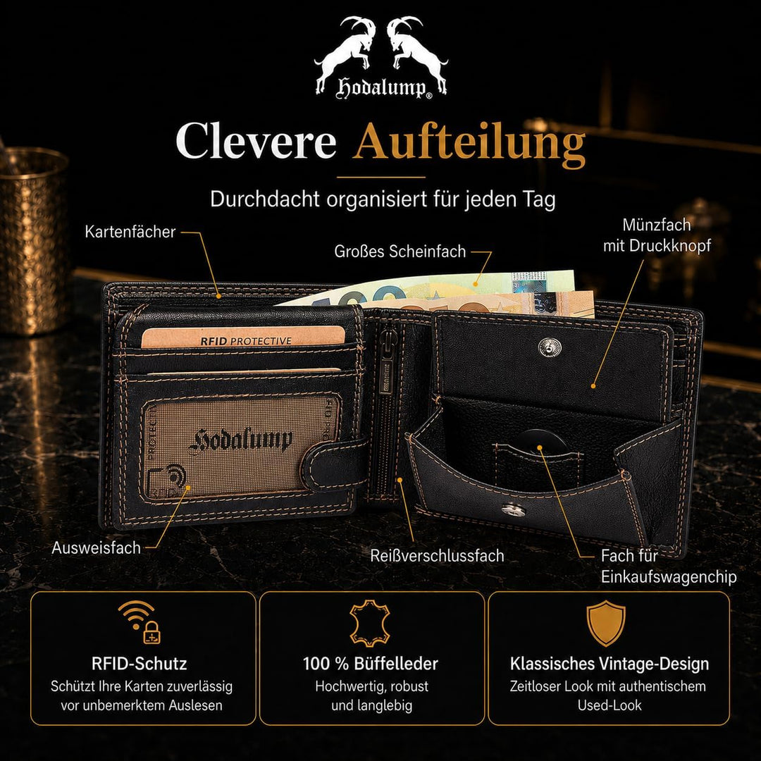 hodalump Echt-Leder Geldbörse • Geldbeutel für Damen und Herren mit RFID-Schutz • Portmonee mit Münz