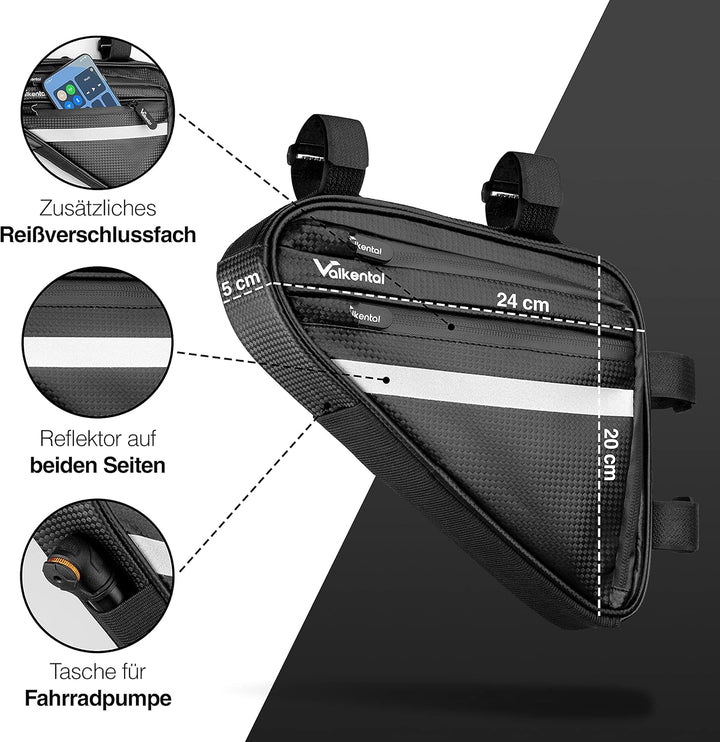 Valkental - Wasserfeste Rahmentasche mit viel Platz - 1,5L Volumen - Fahrradtasche mit Reflektoren u