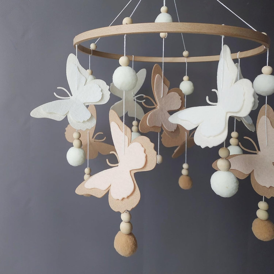 Schmetterlingen Baby Mobile mit Pompons – Neutrales Schmetterlings Mobile in Beige Braun – Handgemac