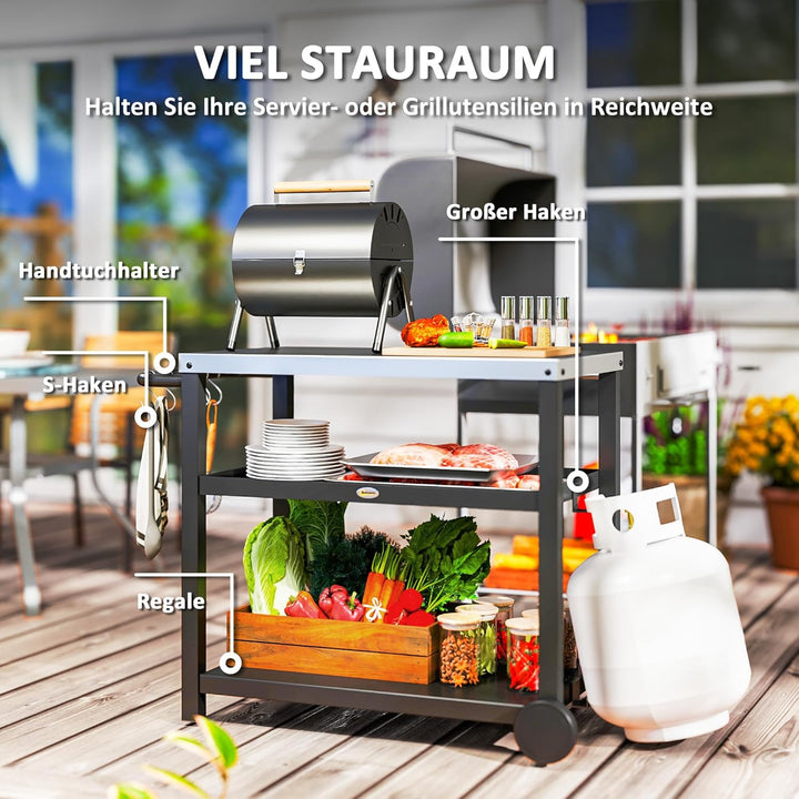 Outsunny Grillwagen 3-Etagen Servierwagen mit Arbeitsfläche Ablagen Haken Räder, Edelstahl BBQ Grill