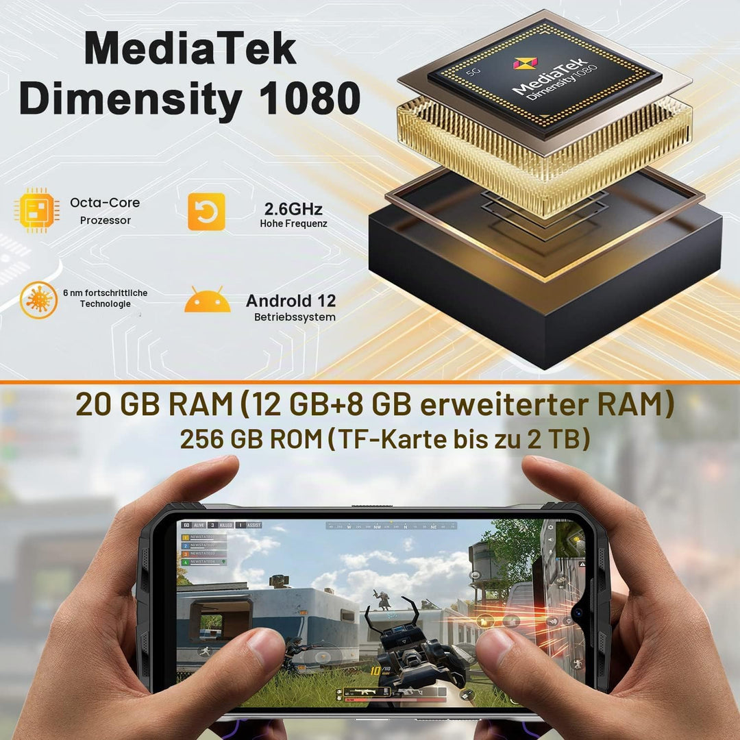DOOGEE VMAX 5G Outdoor Handy ohne Vertrag, 20GB+256GB Dimensity 1080, 22000mAh Grosser Akku, 108MP K
