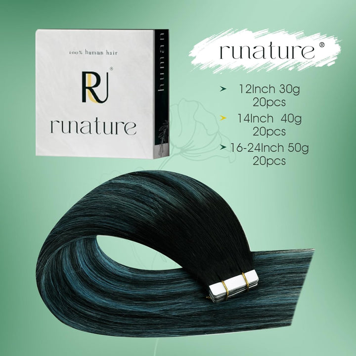 RUNATURE Tape in Extensions Echthaar 30cm Balayage Schwarz Green Ombre Kurz Haarverlangerung Echthaa