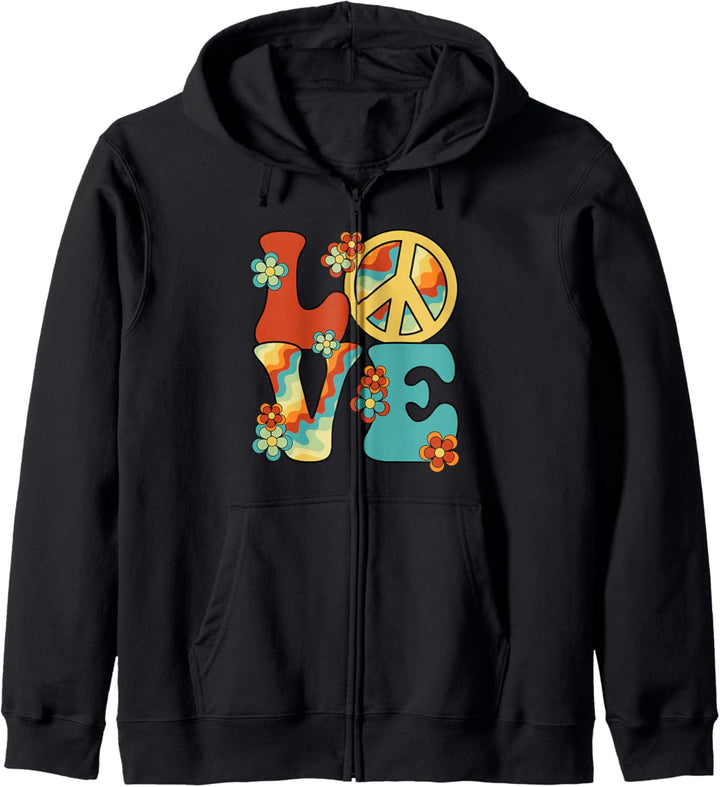 Peace Love 60er 70er Jahre Hippie Kostüm Groovy Party Outfit Kapuzenjacke