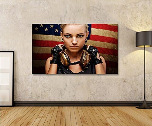 islandburner Bild Bilder auf Leinwand Girl USA Flagge Kopfhörer 1p XXL Poster Leinwandbild Wandbild