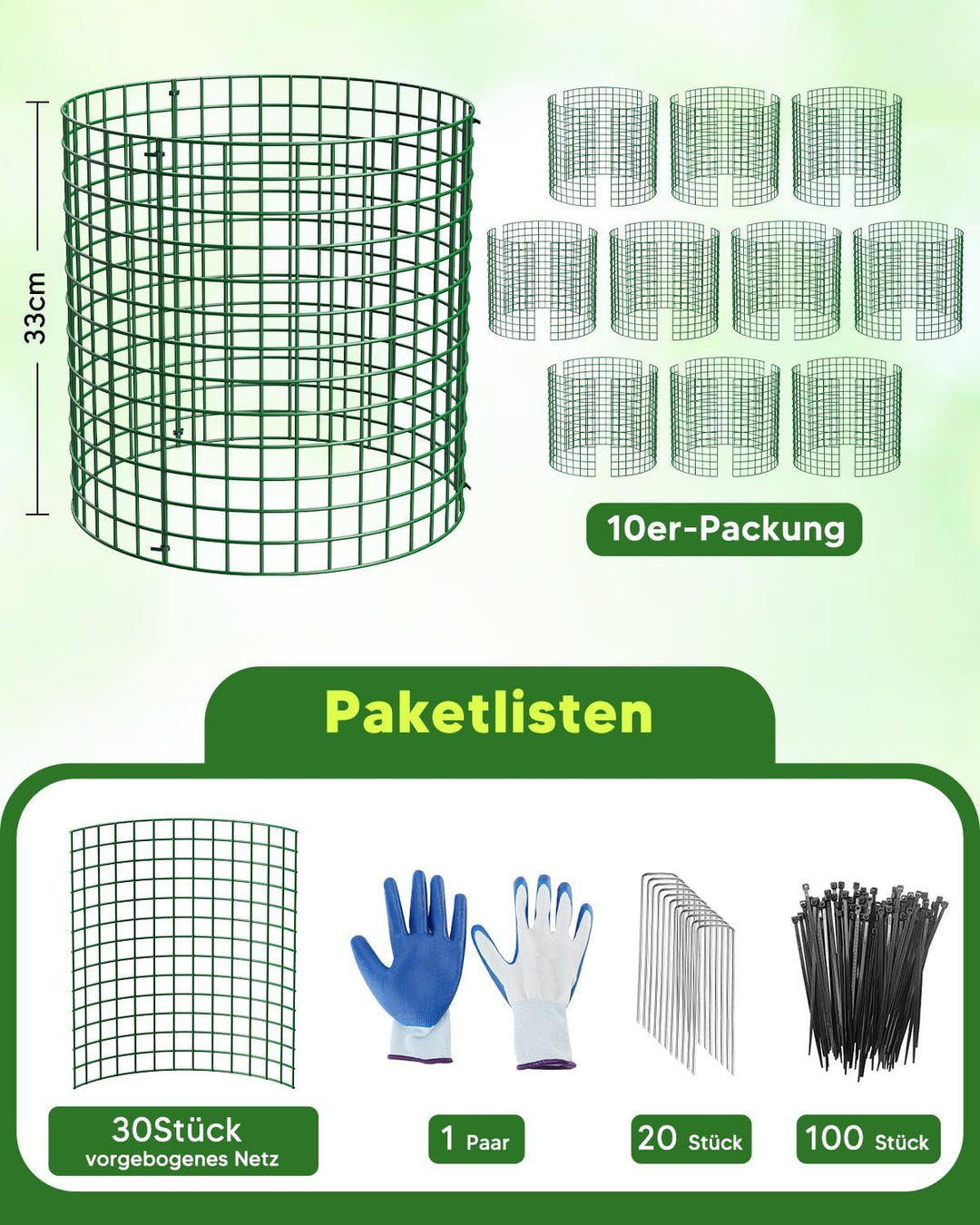 10er Set Pflanzen Schutzgitter, 33cm Hohes Grünes Metall Pflanzenschutzkäfig mit Handschuhen, Kabelb