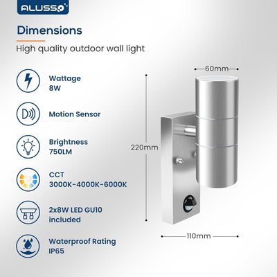 Bewegungssensor Aussenwandleuchten, Auf- und Abwärtsleuchte mit PIR-Sensor, Edelstahl IP65 Wasserdic