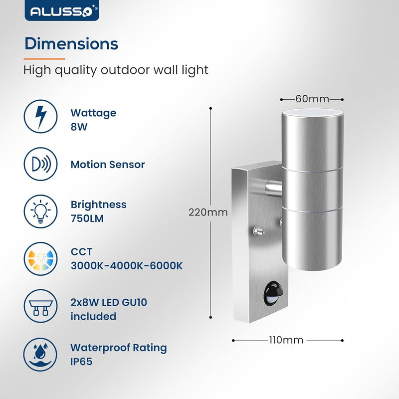 Bewegungssensor Aussenwandleuchten, Auf- und Abwärtsleuchte mit PIR-Sensor, Edelstahl IP65 Wasserdic