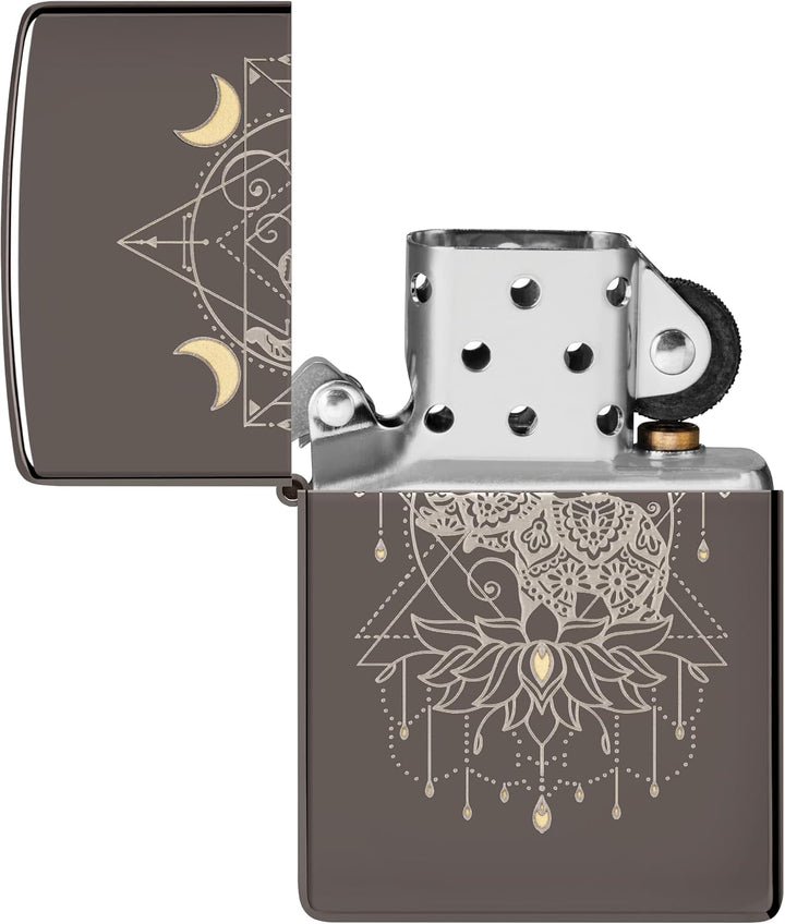 Zippo Sturmfeuerzeug - Elephant Lotus Flower, Black Ice, Laser Two Tone - Nachfüllbar - Wiederverwen