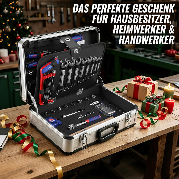 WORKPRO Werkzeugkoffer gefüllt Aluminum Haushalt Werkzeugkiste, Steckschlüssel-Satz Gabelschlüssel U