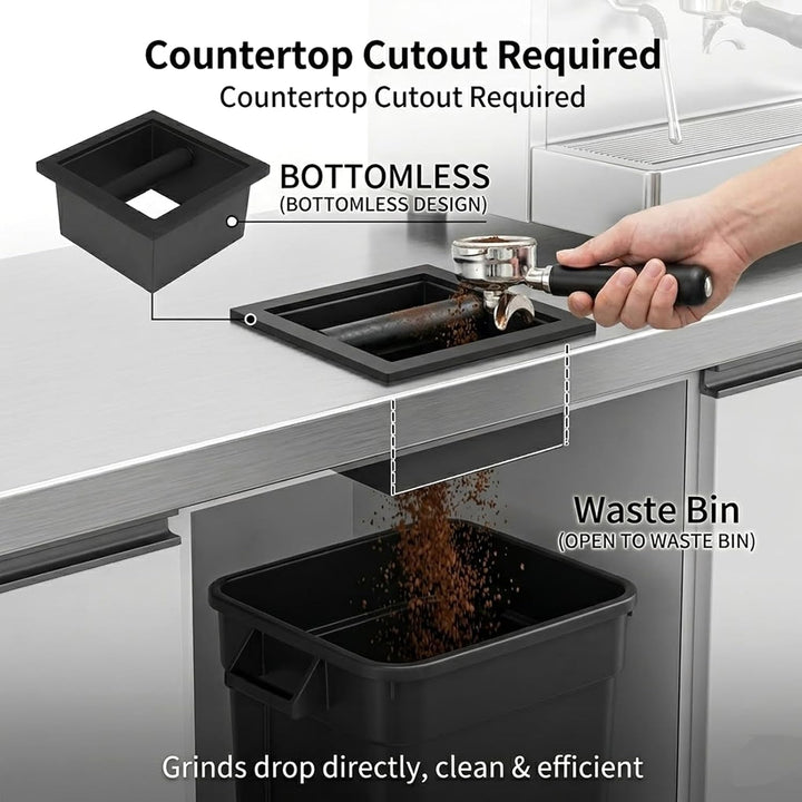 Kaffeesatz-Ausklopfbox, quadratisch, bodenlos, schwarze Gummi-PTFE-Stahlbox mit Kaffee-Tamping-Stati