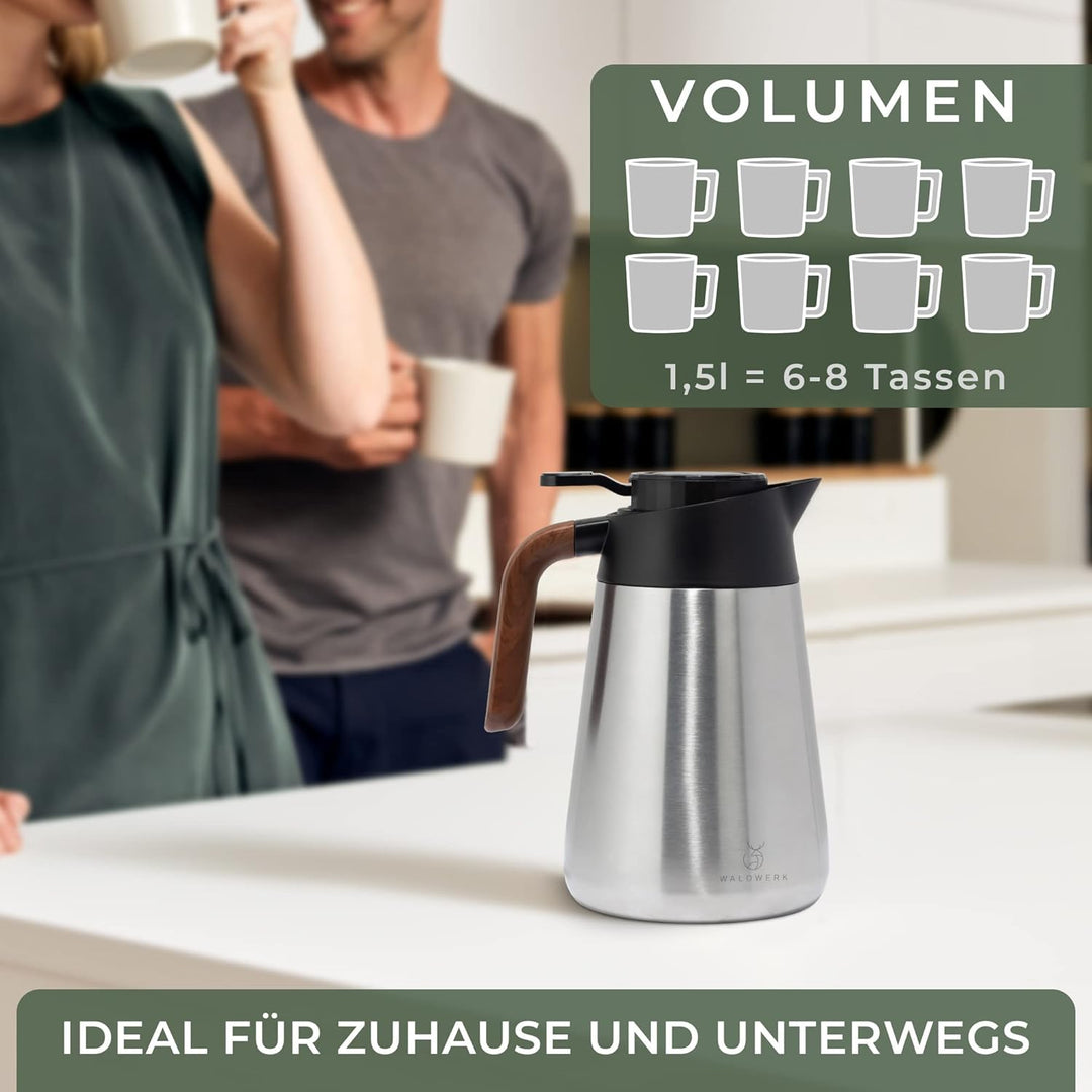 WALDWERK Thermoskanne (1,5L) - Kaffeekanne aus doppelwandigem 304 Edelstahl - Isolierkanne mit tropf