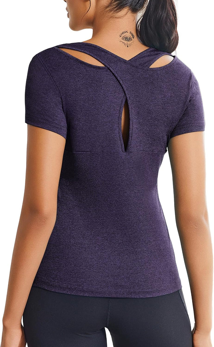 ADOME Damen Sport T-Shirt Kurzarm Sportshirt Funktionsshirt Yoga Shirt Rückenfreies Oberteil Laufshi