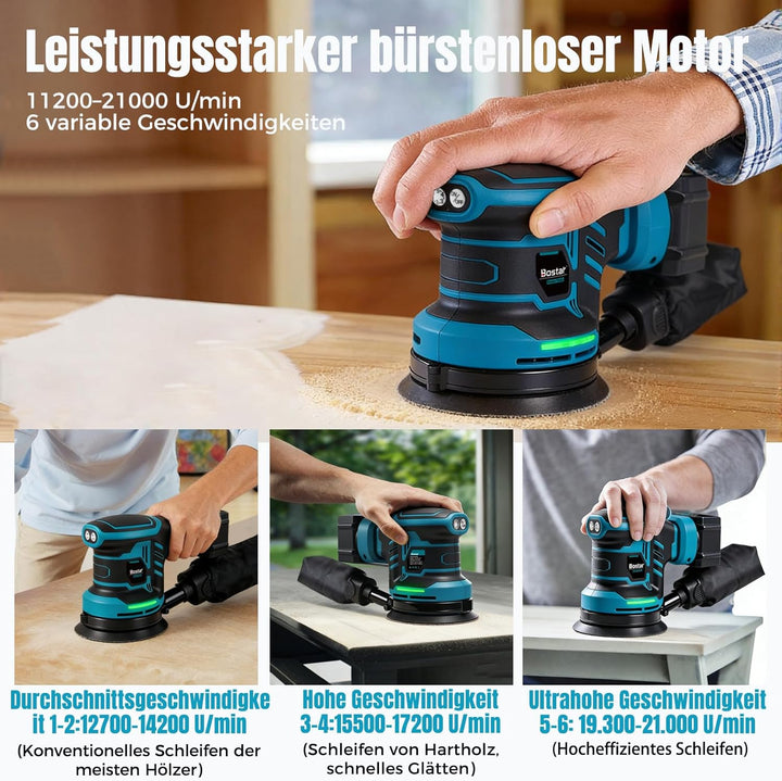 Bostar Akku Exzenterschleifer 18V Set, Ø 125mm Bürstenlos Schleifmaschine mit 2x 3.0Ah Akkus, Max. 2