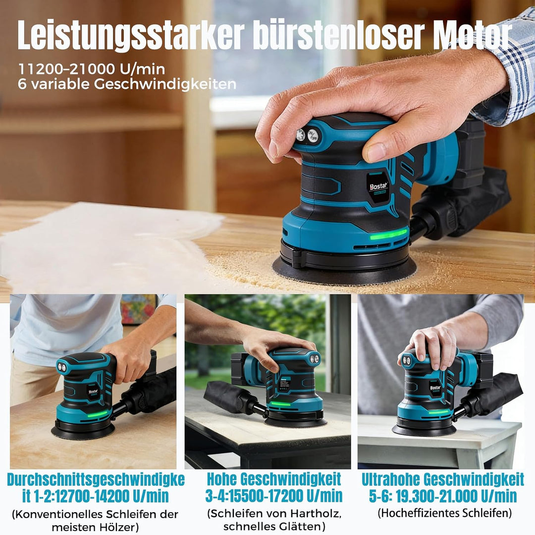 Bostar Akku Exzenterschleifer 18V Set Bürstenlos, Ø 125mm Schleifmaschine mit 2x 3.0Ah Akkus (BMS),