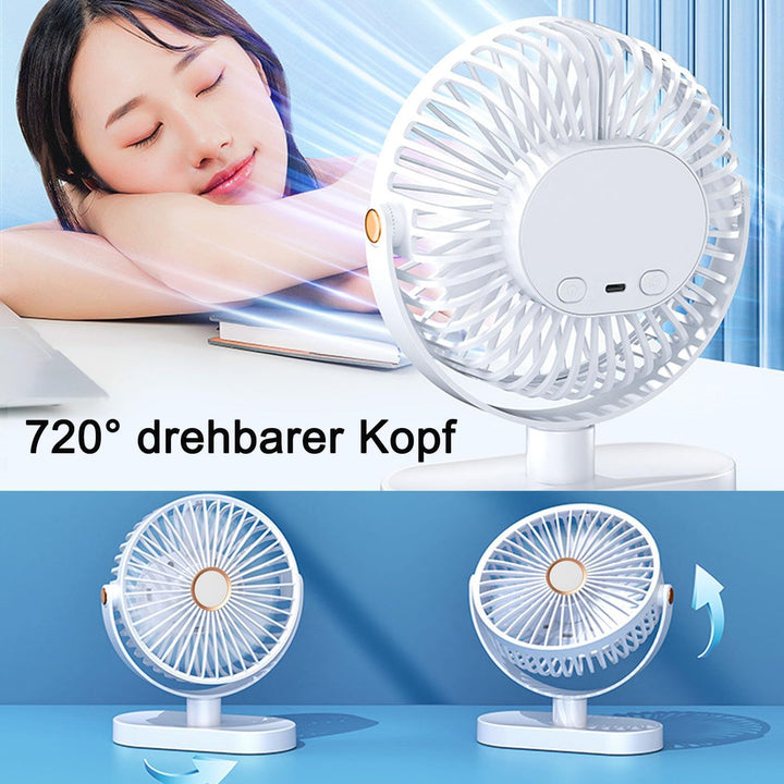 Schreibtischventilator mit Nachtlicht, Tragbarer Mini Ventilator 4000 mAh USB-Akku, 5 Geschwindigkei
