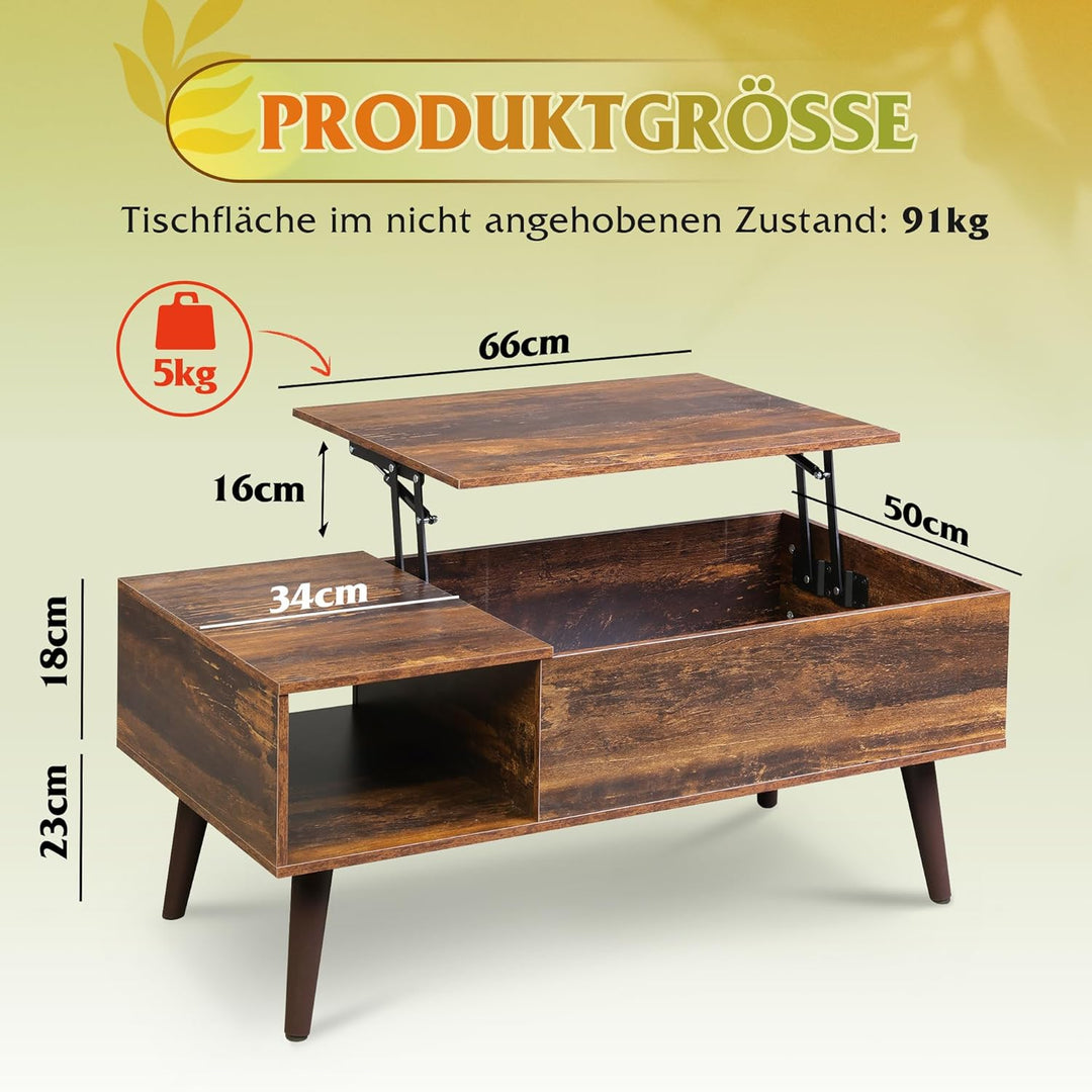 WLIVE Höhenverstellbarer Couchtisch mit Stauraum, Wohnzimmertisch mit Ausziehbar Platte & offene Fäc