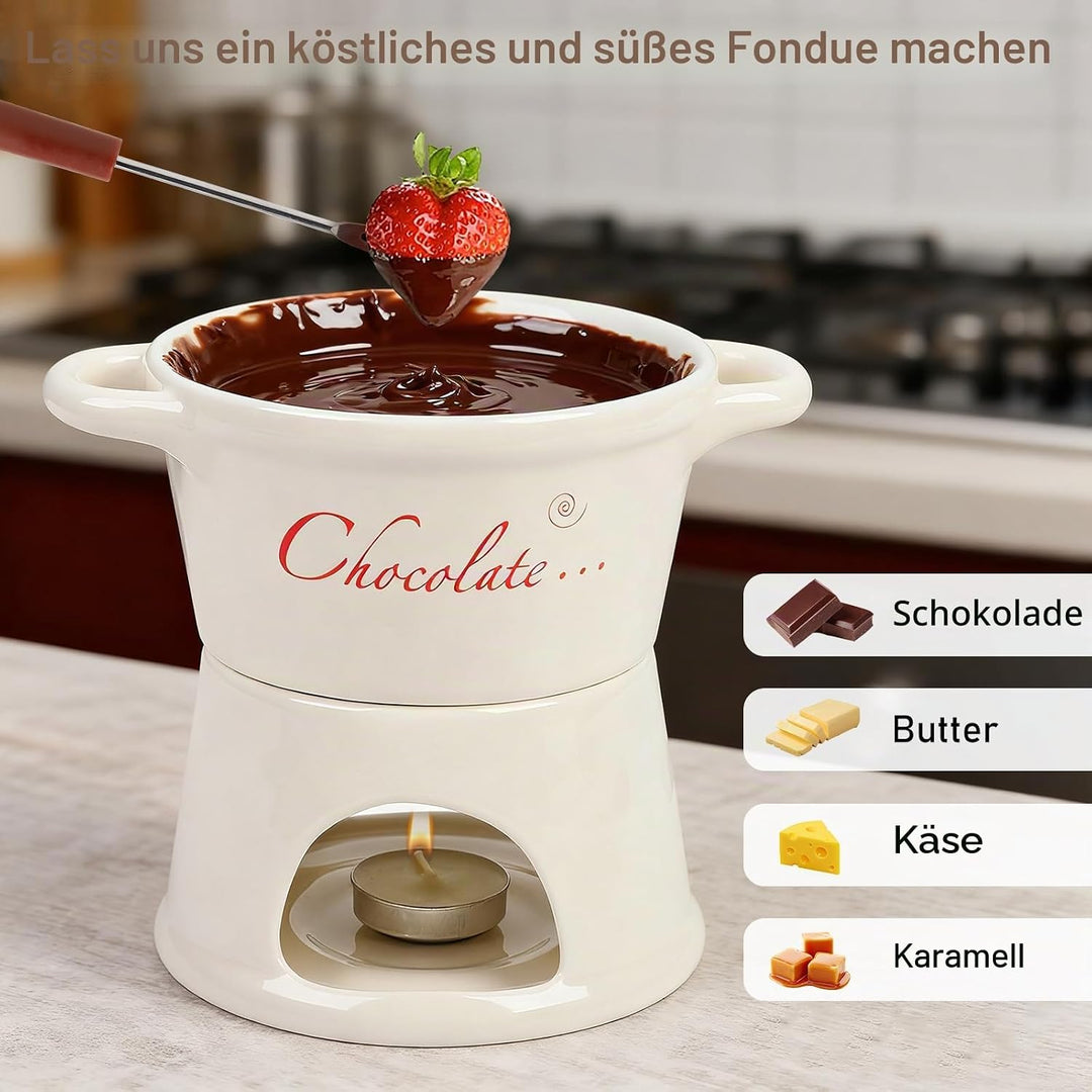 BigKing Schokoladen- und Käse-Tiegel, 300 ml, Schokoladenfondue aus Keramik mit 4 Gabeln und 4 Teeli