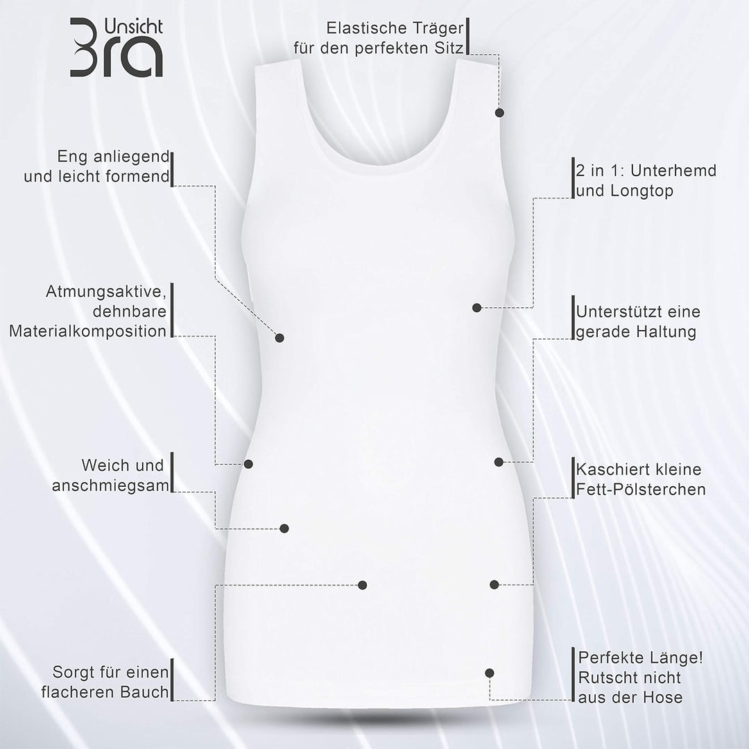 UnsichtBra 3er Pack Shape Damen Unterhemden Longshirt | Basic Wohlfühl Mikrofaser Damen Top ohne Büg