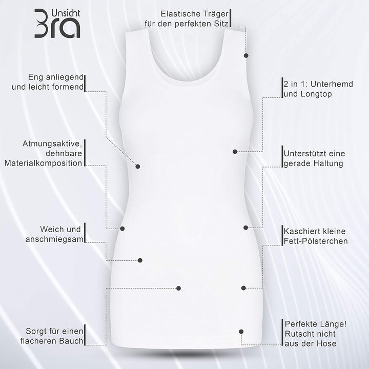 UnsichtBra 3er Pack Shape Damen Unterhemden Longshirt | Basic Wohlfühl Mikrofaser Damen Top ohne Büg