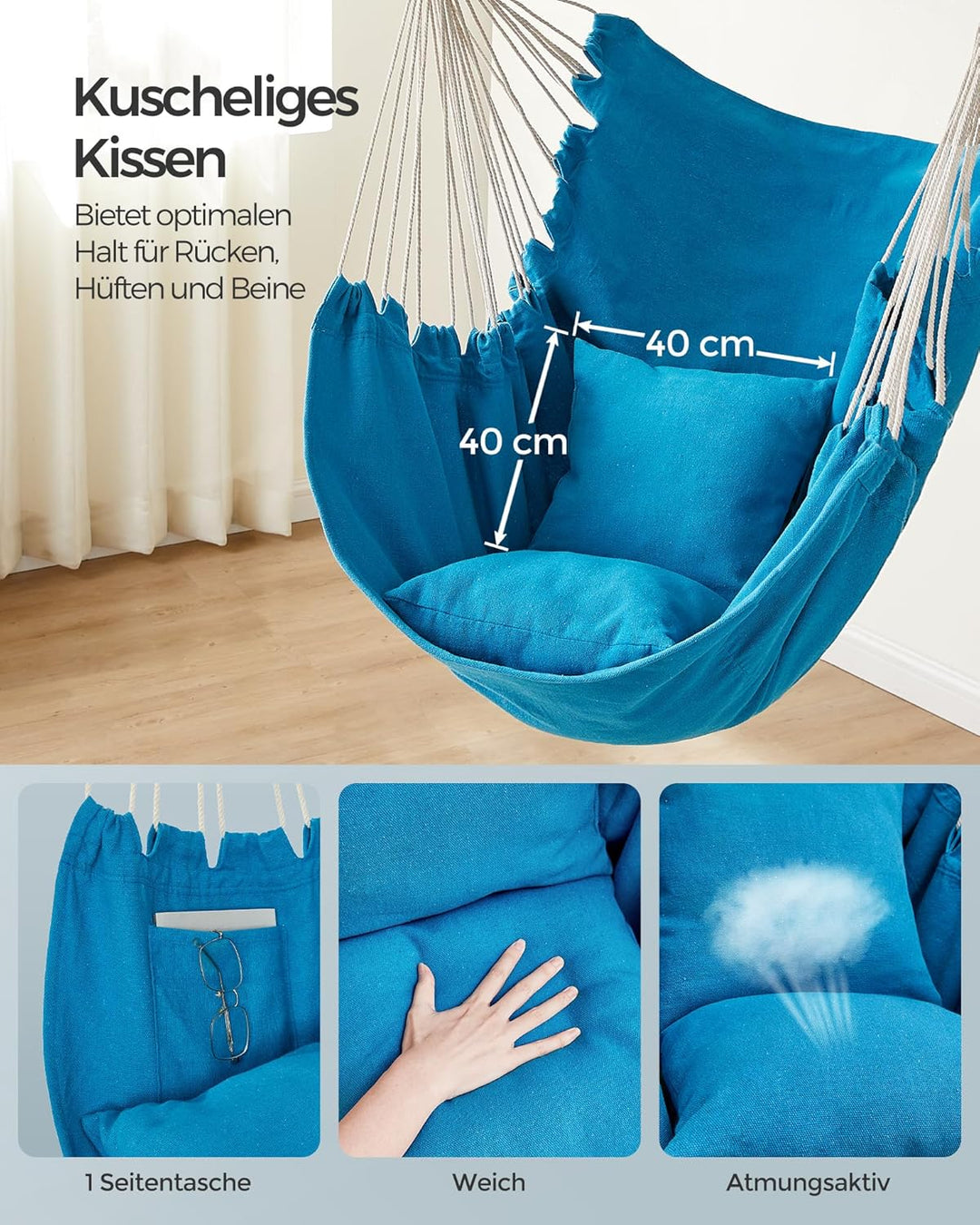 SONGMICS Hängesessel, Hängeschaukel, Hängestuhl mit 2 Kissen, Metallkette, bis 150 kg belastbar, Ind