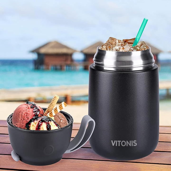 Thermobehälter für Essen 500ml &amp; 700ml Edelstahl Warmhaltebebehälter mit faltbaren Löffel, Speissen,
