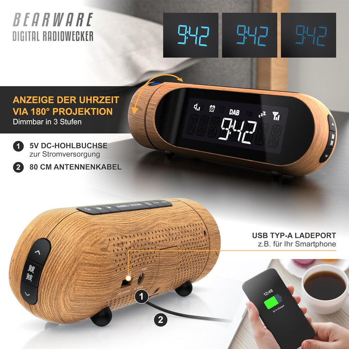 CSL - DAB Plus Radio - Radiowecker Projektionswecker digital – DAB/DAB+ / FM Radio mit je 20 Speiche