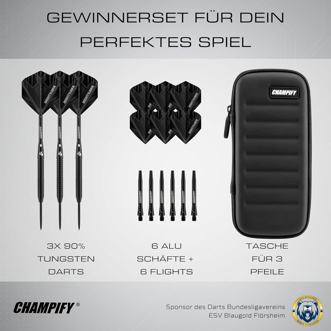 Champify® 90% Tungsten Darts Set mit schwarzer Darttasche| 3 Steeldarts mit 9 Alu-Schäften & 9 Fligh