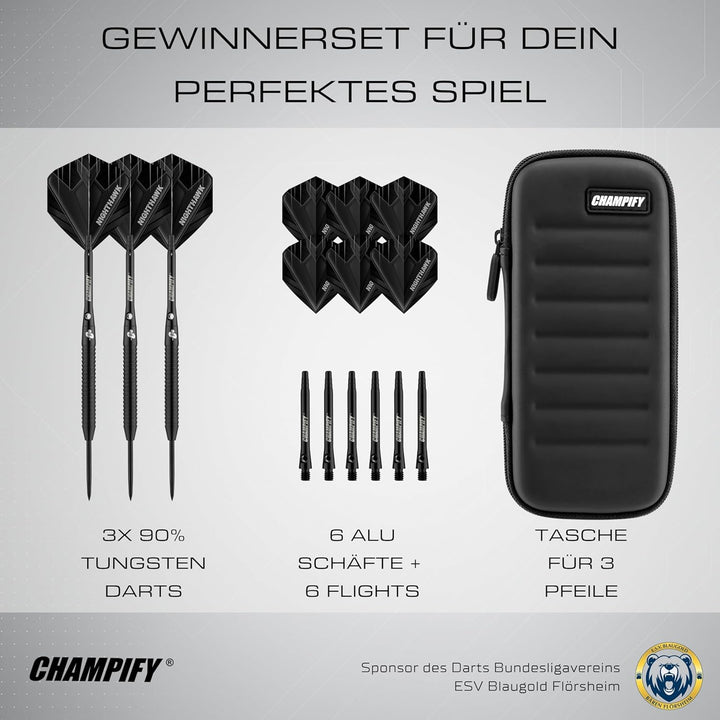 Champify® 90% Tungsten Darts Set mit schwarzer Darttasche| 3 Steeldarts mit 9 Alu-Schäften & 9 Fligh