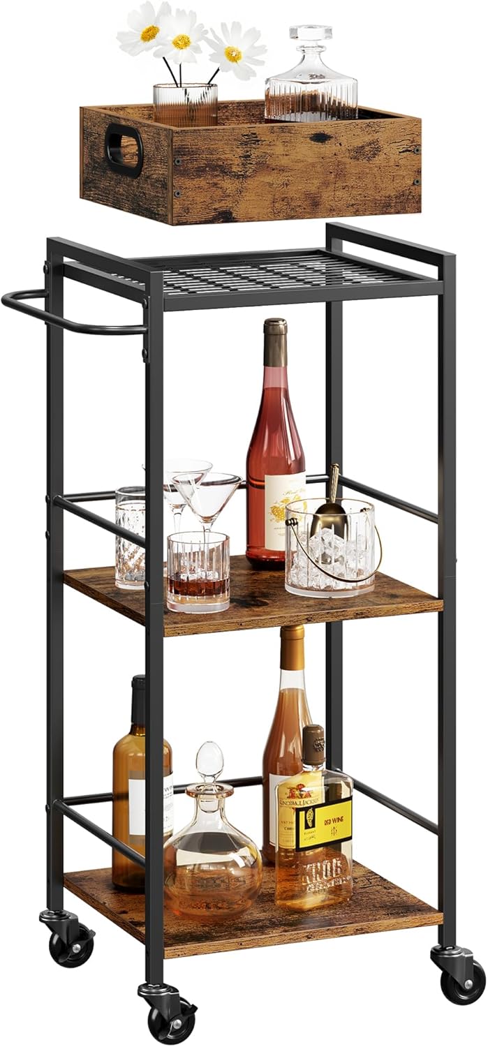 VASAGLE Servierwagen, Küchenwagen, abnehmbares Tablett, mit verstellbaren Füssen und Rollen, Küchenr
