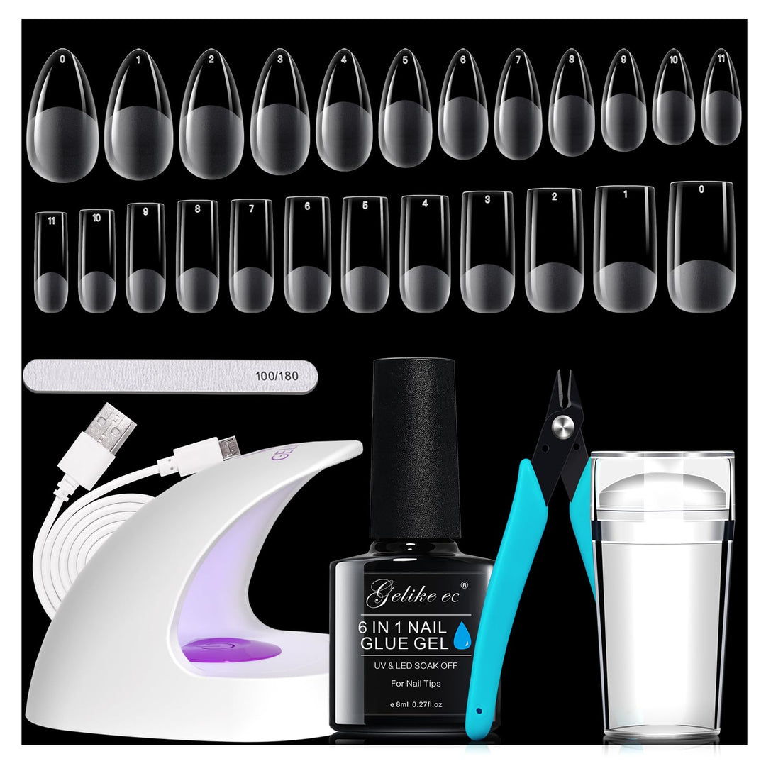 Gelike ec Nageltips und Nagelgelkleber Kit -Gel x Nail Extension Set Mini Nagellampe 6 in 1Nagelkleb