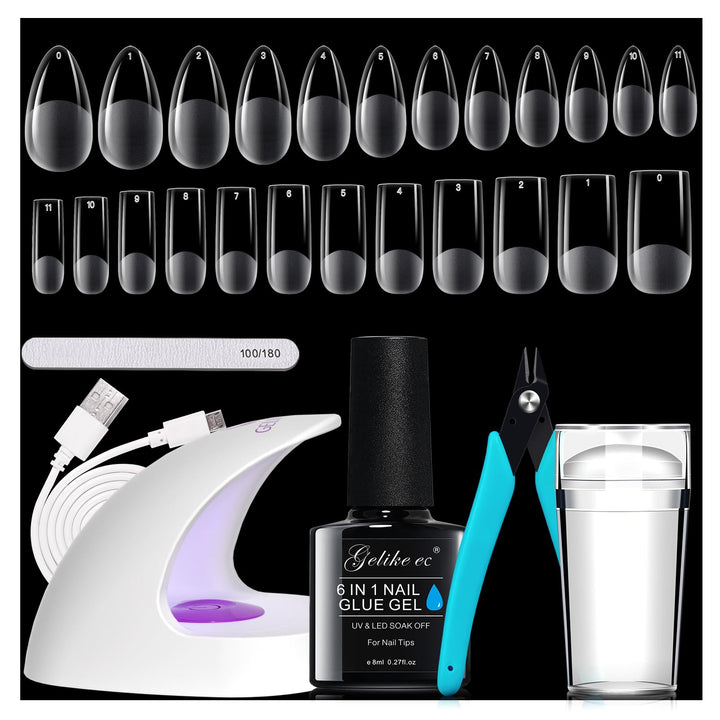 Gelike ec Nageltips und Nagelgelkleber Kit -Gel x Nail Extension Set Mini Nagellampe 6 in 1Nagelkleb