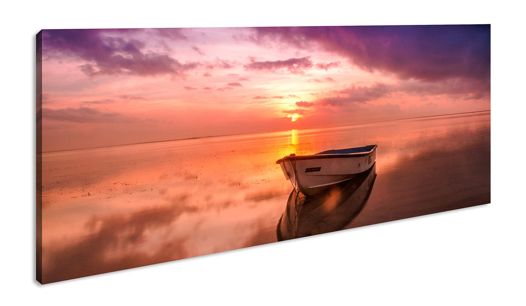 Einsames Boot im Sonnenuntergang Panorama 120x60 cm als Leinwandbild, Motiv fertig gerahmt auf Echth