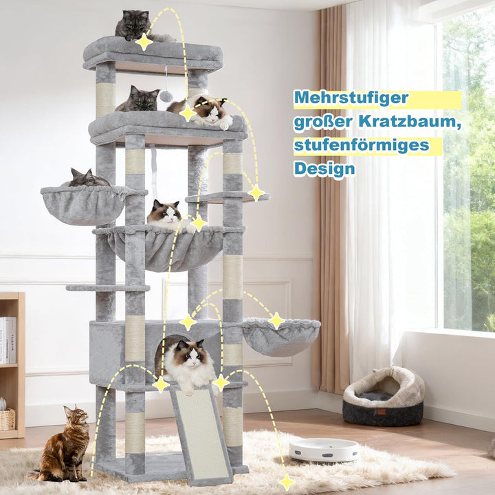Hey-brother Kratzbaum, 182 cm hoch Katzenbaum für Grosskatze, mehrstöckiger Katzenkratzbaum mit 2 Gr