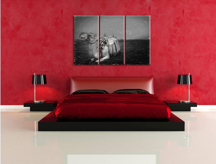Pixxprint Kamel bei Sonnenuntergang in Ägypten Kunst Kohle Effekt 3-Teiler Leinwandbild 120x80 Bild