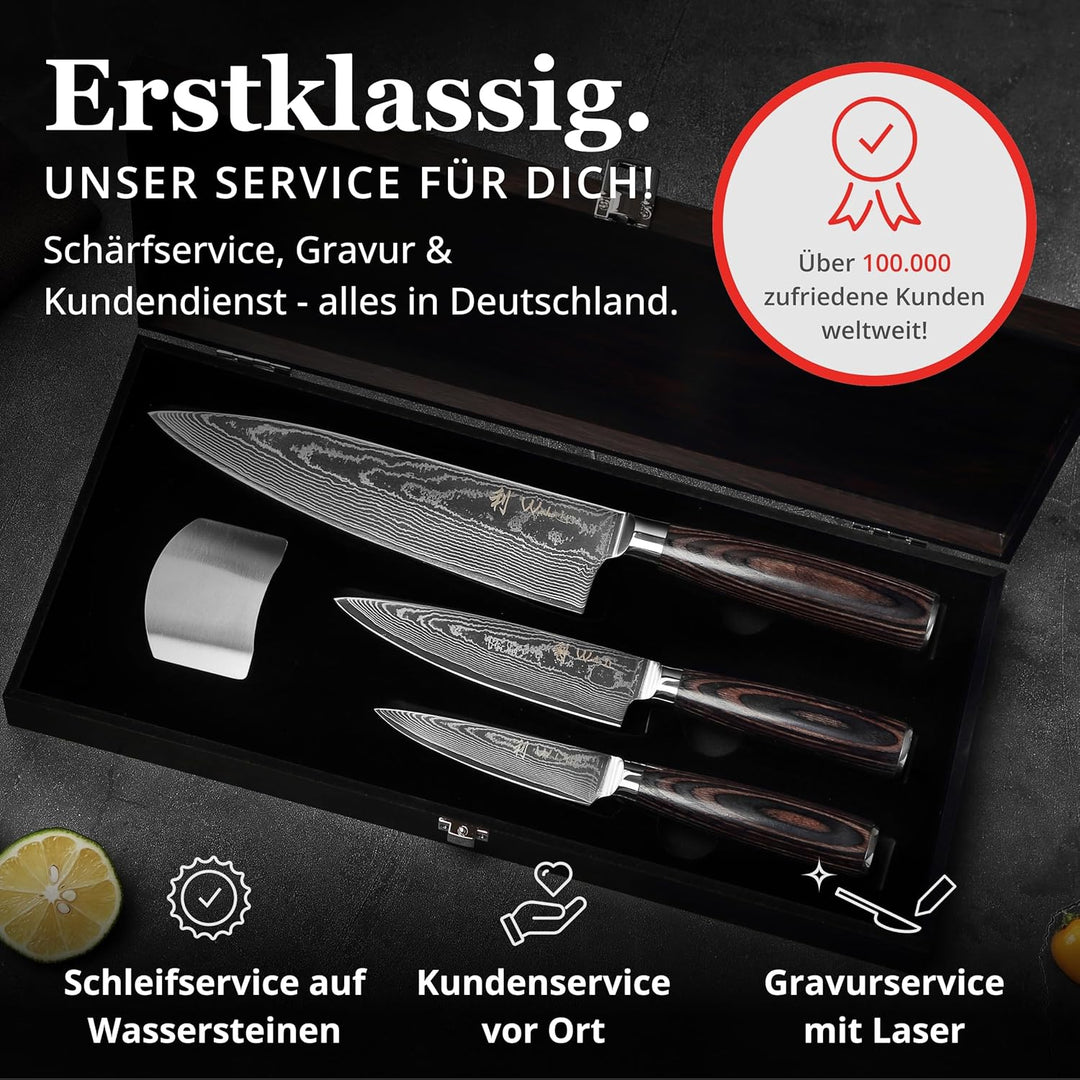 Wakoli EDIB Essentials 3er Küchenmesser Set mit 8-17cm Klingen I 67 Lagen Damaststahl I Chefmesser,